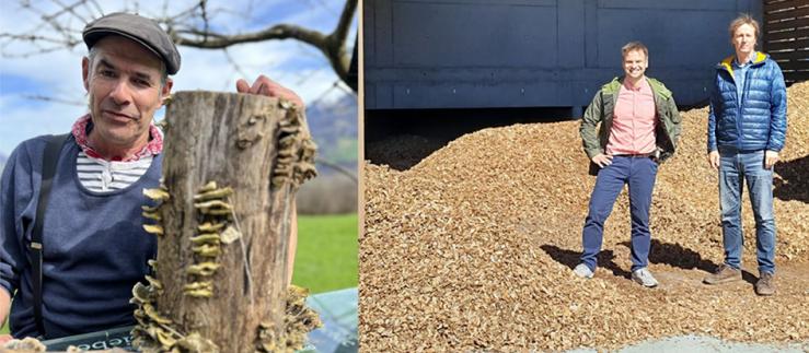 Patrik Mürner with butterfly straws and ephemeral sap spores (left). Benjamin Schmeißer and Sylvan Oehen drying wood chips in the first pyrolysis plant in Luthern (right). Pictures: P. Mürner and eoc energy ocean
