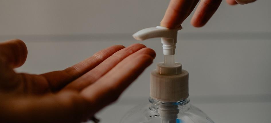A dispender of hand sanitizer
