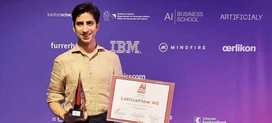 Petar Tsankov, CEO and co-founder of LatticeFlow, accepts the honour. Image provided by AiCon/LatticeFlow