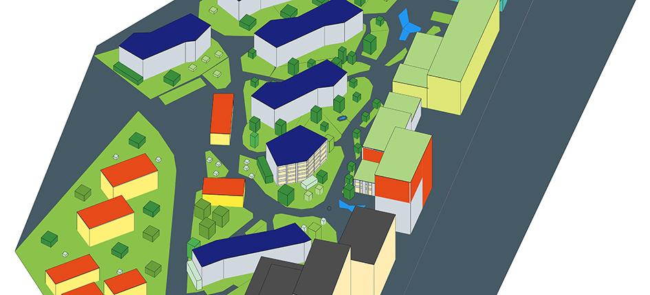 Section of a neighborhood based on Suurstoffi with buildings, streets, paths, green spaces, water areas and trees as a 3D model. Image credit: HSLU