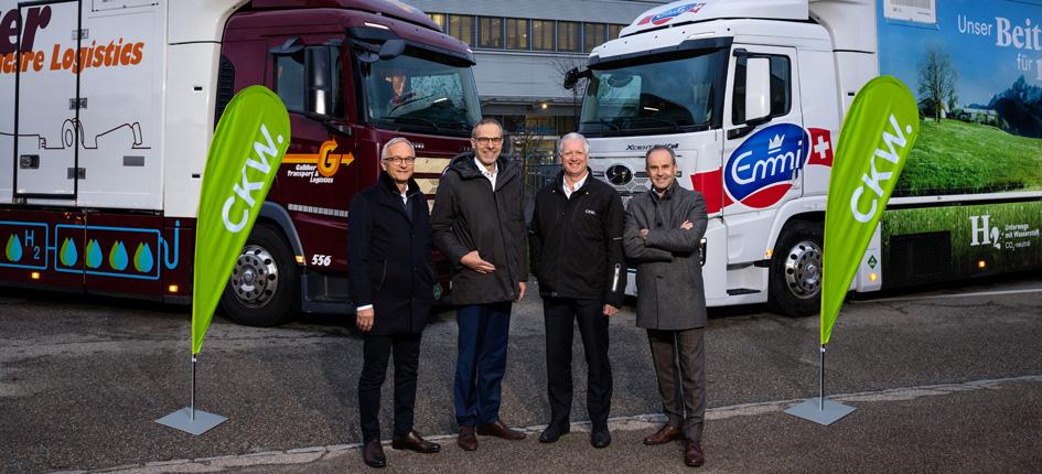 They are planning a renewable energy ecosystem in Dagmersellen that is unique in Switzerland: Peter Galliker, CEO of Galliker Transport, Marc Heim, Head of Division Switzerland at Emmi, Martin Schwab, CEO of CKW and Roger Britschgi, Managing Director Switzerland at PanGas. 