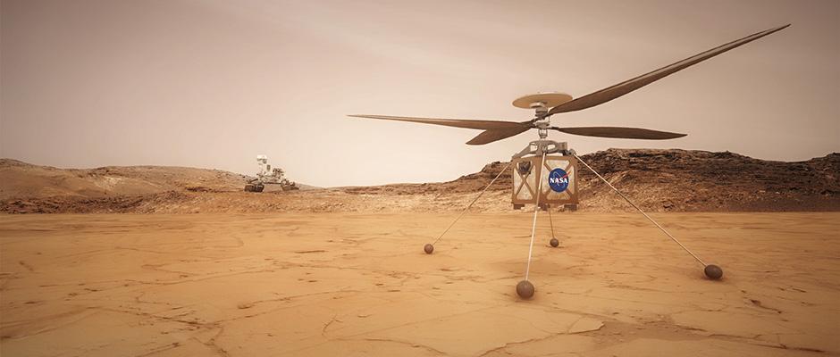 Eine künstlerische Darstellung des Mars-Helikopters, welcher mit Gleichstrommotoren von maxo motor gesteuert werden soll. Bild: NASA/JPL-Caltech