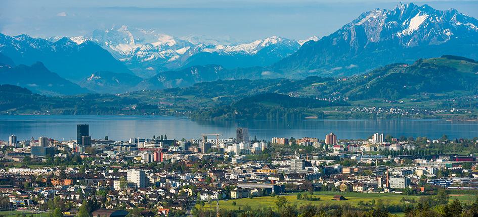 Canton of Zug, view towards the city and the alps