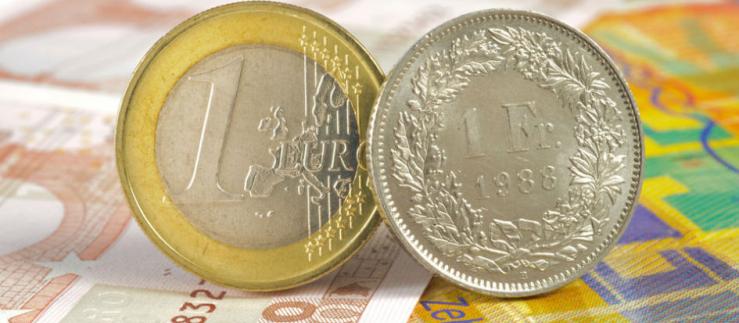 euro and swiss franc coin on banknotes 