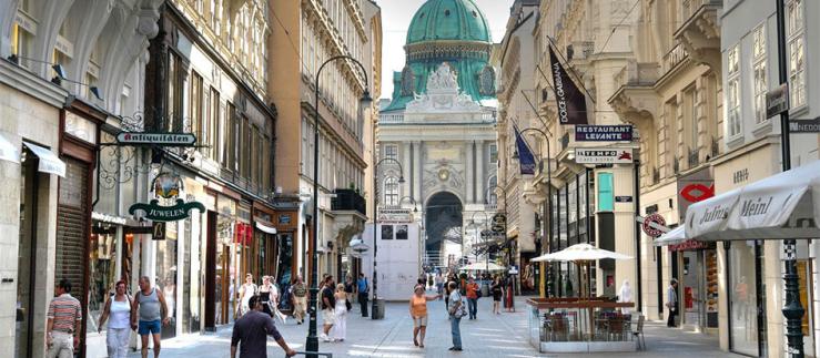 Church and shopping alley in Vienna, Austria