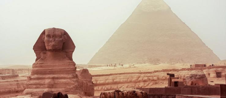 Egypt: Sphinx sculpture and Cheops pyramid