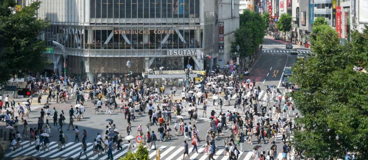 Eine Strassenkreuzung in Japan mit vielen Menschen.