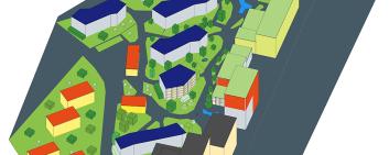 Ausschnitt eines Quartiers in Anlehnung an die Suurstoffi mit Gebäuden, Strassen, Wegen, Grün- und Wasserflächen sowie Bäumen als 3D-Modell. Bild: HSLU