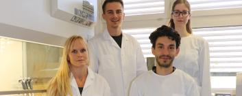 Prof. Dr. Mirjam Schenk's research group at the Institute of Pathology of the University of Bern (from left to right : Mirjam Schenk, Steve Robatel, Lukas Bäriswyl, Mirela Kremenovic)